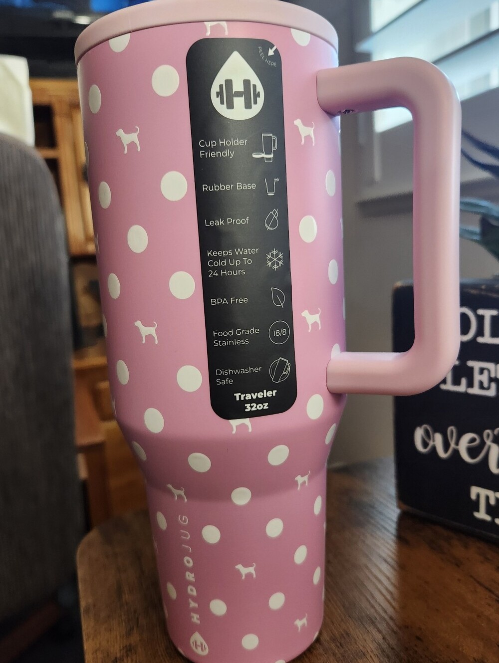 HydroJug Victoria Secret Pink with White Polka Dots And Dogs 32oz Travel Tumbler
